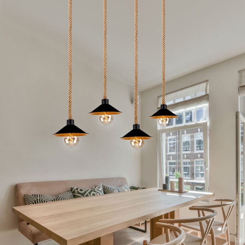 Hängeleuchte Pendellampe Hanfseil Seillampe Pendelleuchte gold schwarz Landhausstil Esszimmer Höhenverstellbar, Metall, ...