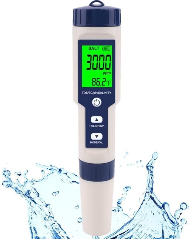 5-in-1-Salzgehalt-PH-Temperatur-EC- und TDS-Messgerät, Aquarium, Swimmingpool, Whirlpool, hohe Genauigkeit für Salzwasse...
