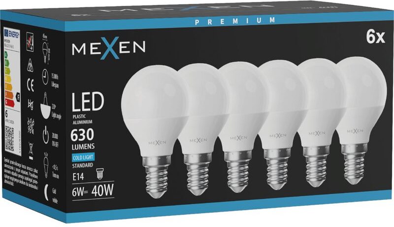 Mexen Nova 6x LED-Birne E14, G45, 6W, Kalt - 6500K, 630 lm - L101-E14-0665-01x06