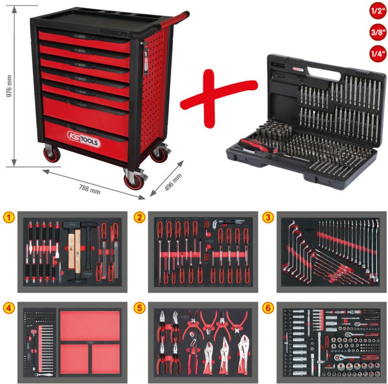 Ks Tools RACINGline schwarz/rot Werkstattwagen mit 7 Schubladen und 598 Premium-Werkzeugen