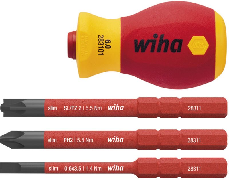Wiha - Schraubendreher mit Bithalter Set electric slimVario® (41230), 4 tlg., Griff mit Bits vde, Schraubendreher kurz f...