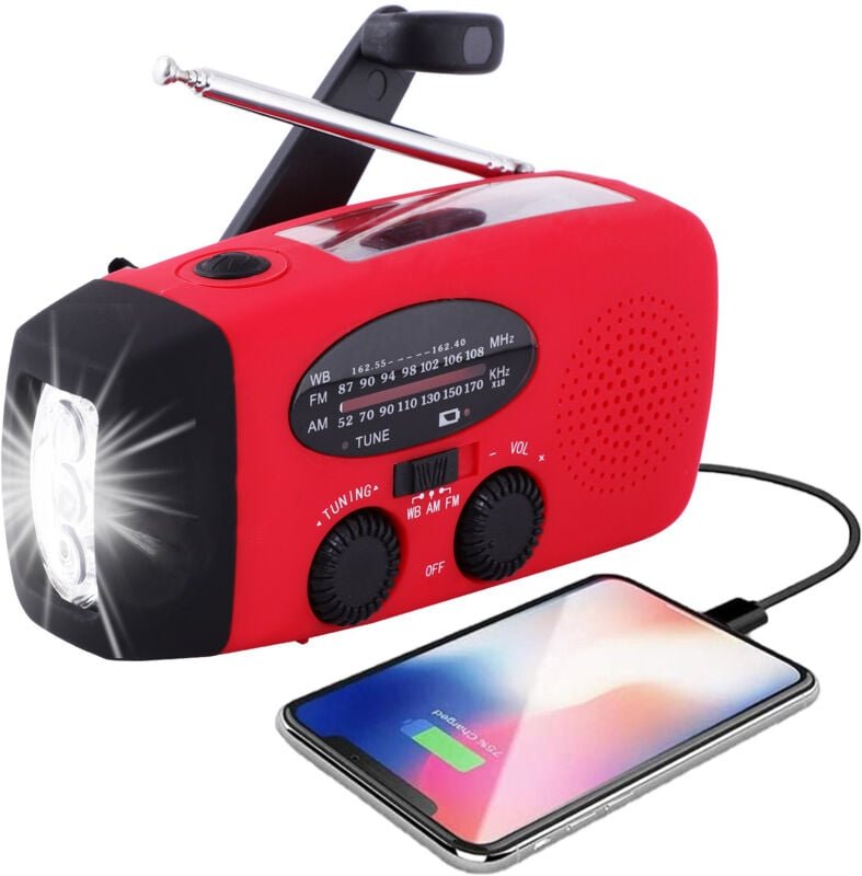 Tragbares Solarradio, stromautarkes AM/FM/NOAA-Handkurbelradio, Wetterradio-Notfallgerät mit 3-LED-Taschenlampe und Tele...