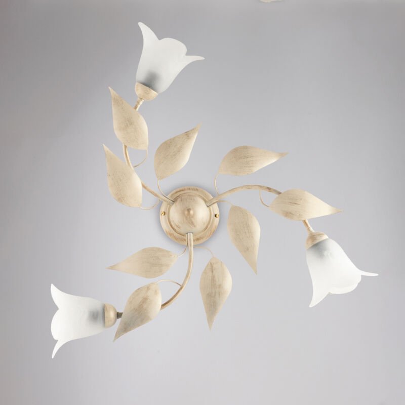 Deckenlampe aus Eisen Elfenbein Gold drei Lichter Alabaster Weiß Gläser 67x h20 cm