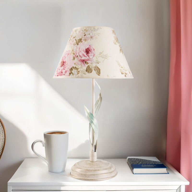Licht-erlebnisse - Nachttischlampe Floral Creme Weiß Rosa Stoff Metall 34 cm Landhaus E27 Tischleuchte