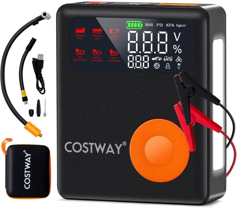 Costway - Elektrische Luftpumpe, 12V 2000A Fahrradpumpe, 150PSI Akku Kompressor, Mini Reifenpumpe mit Digitale Anzeige &...