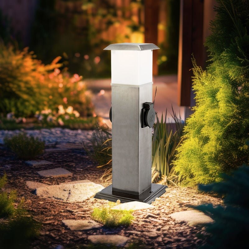 Stehlampe mit Steckdosen Außenleuchte Steckdosen Energieverteiler mit Beleuchtung, Edelstahl opal, 1x led 1,1W 90Lm warm...