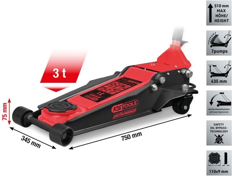 performance Hydraulischer Stahl-Wagenheber, 3000 kg, flach, Hubhöhe: 75-510 mm