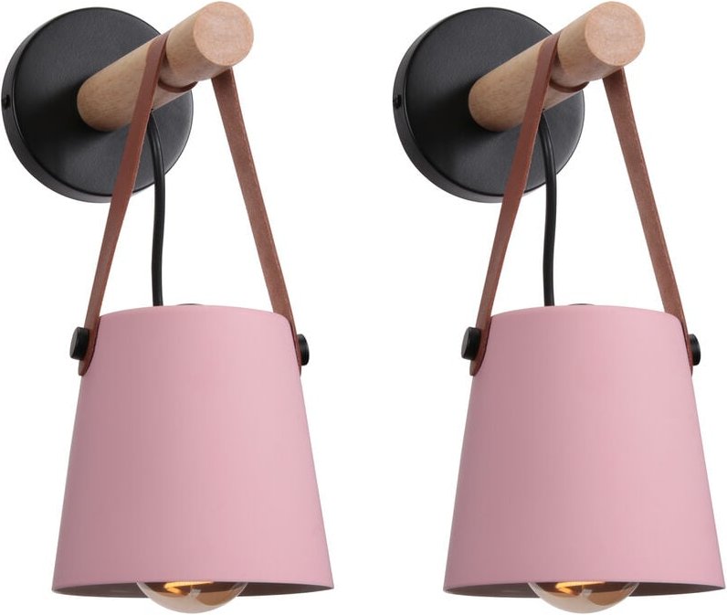 2er Wandleuchte aus Holz Innen, Moderne Wand Lampe mit Leder Lampenschirm, Eisen Wandbehang Lampe für Schlafzimmer Wohnz...