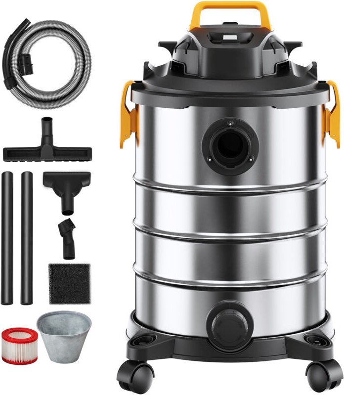 Nass-/Trockensauger für Werkstätten, 30 l, 6 ps, Edelstahl, starke Saug- und Gebläseleistung, tragbar mit Aufsätzen, ide...