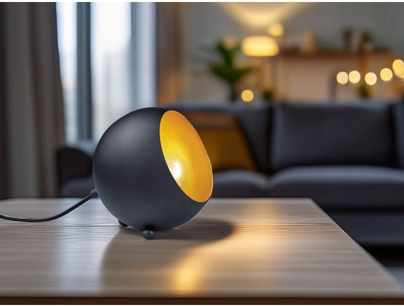 Meinewunschleuchte - Runde led Tischleuchte Retro aus Metall in Schwarz matt & innen Gold, Höhe 16cm