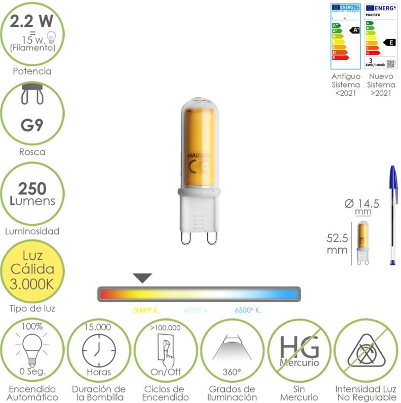 Bombilla Led Rosca G9. 2.2 Watt. Equivale A 15 Watt. 250 Lumenes. Luz Calida (3000º K.)