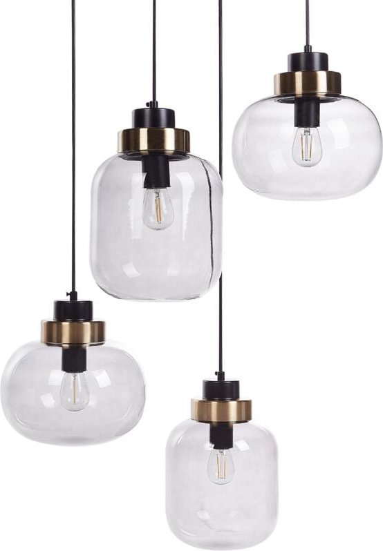 Thumbnail - Hängeleuchte Schwarz u. Gold Metall 4-Flammig mit Schirmen aus Rauchglas Langes Kabel Modern Beleuchtung Esszimmer Schla...