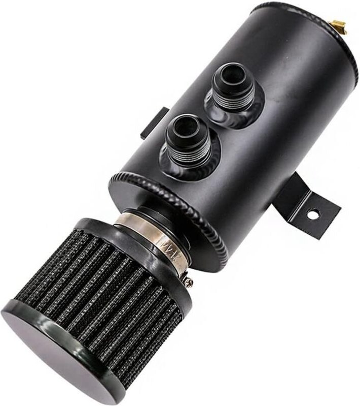 Universeller 10AN-Ölabscheider aus Aluminium mit 2-Wege-Ablassventil (gebürstet) und Entlüftungsfilter, 750 ml, schwarz