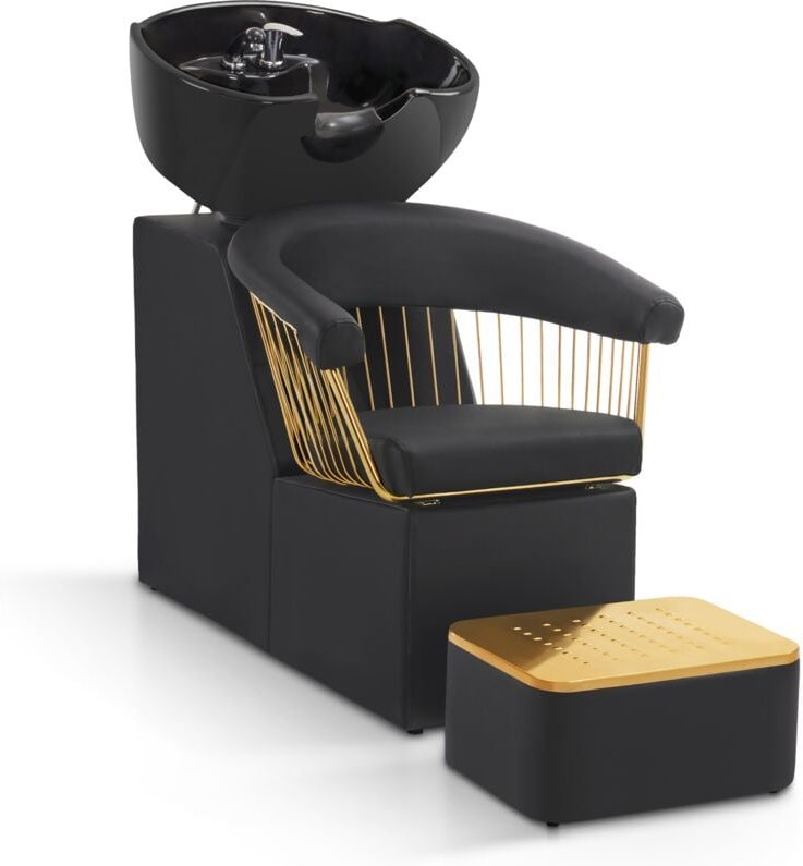Friseurstuhl mit Waschbecken Retro 8037 (Gold-Schwarz/PVC) - Barberpub