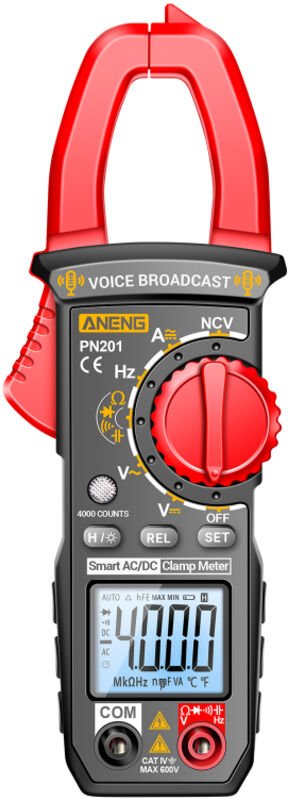 Multimetro digitale a pinza PN201, 4000 conteggi, con funzione NCV (tensione zero), misura corrente e tensione CA/CC, re...