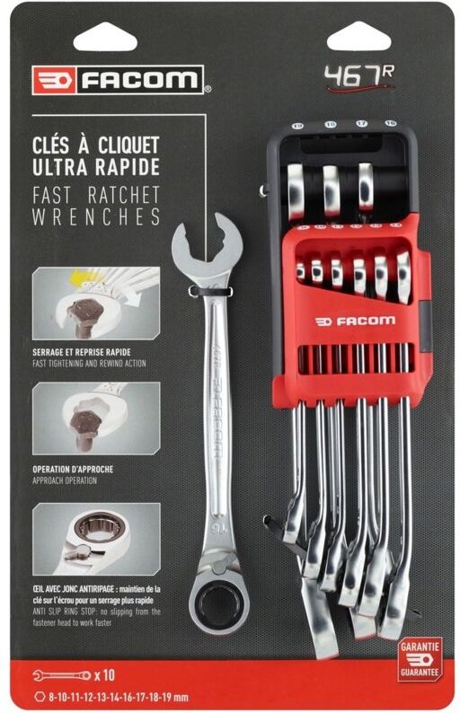 Schlüsselsatz 10 metrische Ratschen-Mischschlüssel - 8 bis 19 mm - 467.JP10PB - Facom