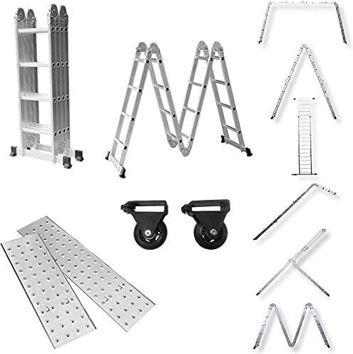 Mehrzweckleiter 470cm, 6 in 1 Multifunktionsleiter Aluminium, Klappleiter mit 2 Rollen und Plattform, 4 x 4 Silber-Klapp...