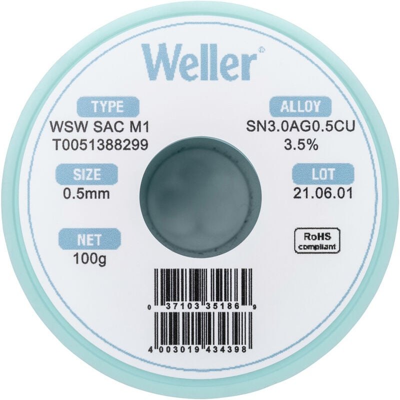 Weller WSW SAC M1 Lötzinn, bleifrei Spule Sn3,0Ag0,5Cu 100 g 0.5 mm