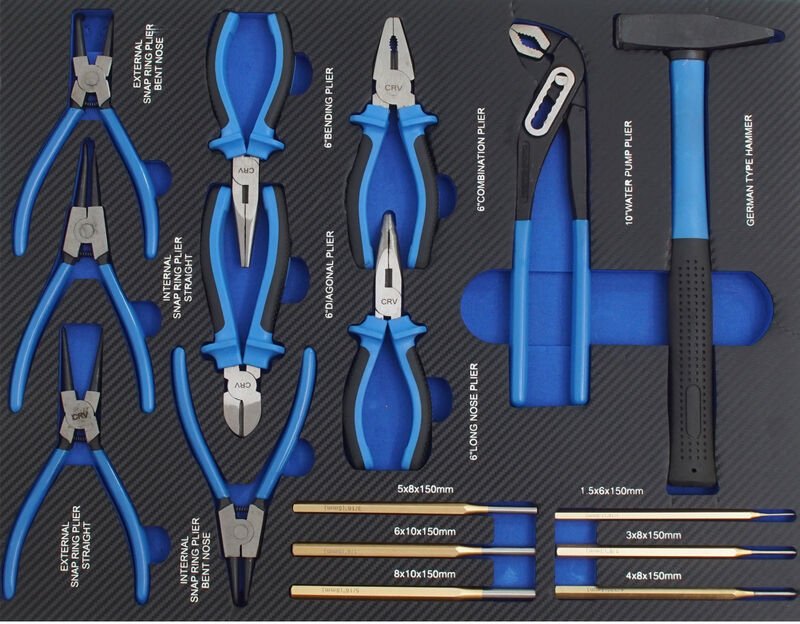 Profi Werkstattwagen Einlage blau Hammer, Zangen und Durchschläger 16 tlg. Schaum 520x400mm