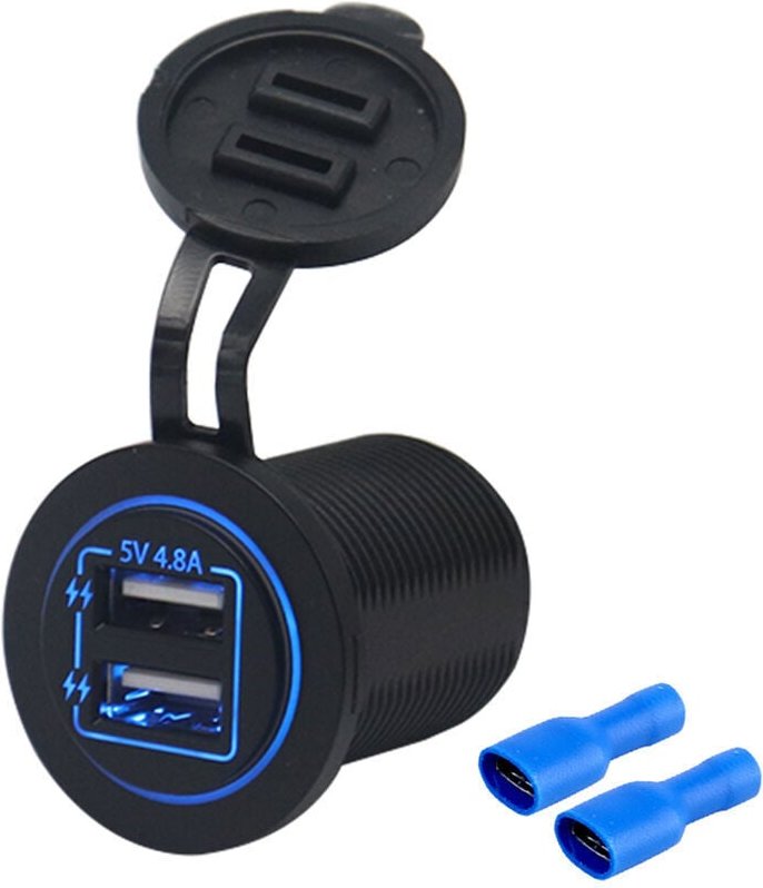Dual USB Ladebuchse Wasserdichte Steckdose LED Anzeige 4.8A/5V für 12/24V Auto RV Boot ATV Motorrad Marine, Blau