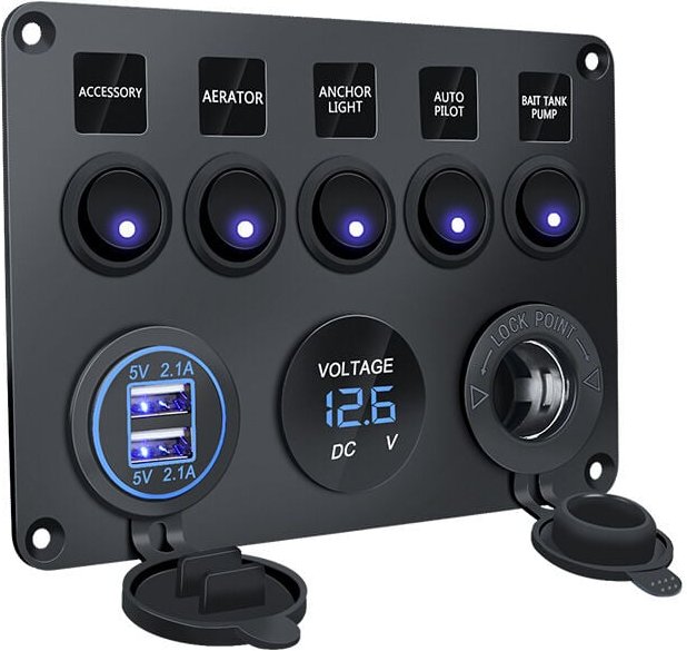 12-V-Marine-Schalttafel, 4,2-A-USB-Ladeanschluss + Zigarettenanzünderbuchse + Voltmeteranzeige, IP65 wasserdichte Wippsc...