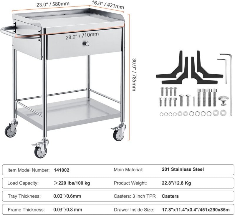 Thumbnail - Mophorn - Medical Cart 2 Schichten Edelstahl 220 lbs Kapazität Lab Utility Cart 360 ° Silent Räder Schublade für Labor K...