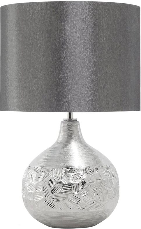 Beliani - Tischlampe Silber geschwungener Porzellanfuß Stoffschirm Grau Kabel mit Schalter Moderner Glamouröser Stil