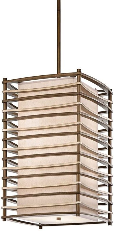 Hängelampe Deckenleuchte Pendellampe Holz Leinen Glas Bronze d 40,6 cm 4 Flammig