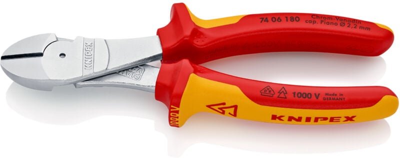 KNIPEX 74 06 180 Kraft-Seitenschneider isoliert mit Mehrkomponenten-Hüllen, VDE-geprüft verchromt 180 mm