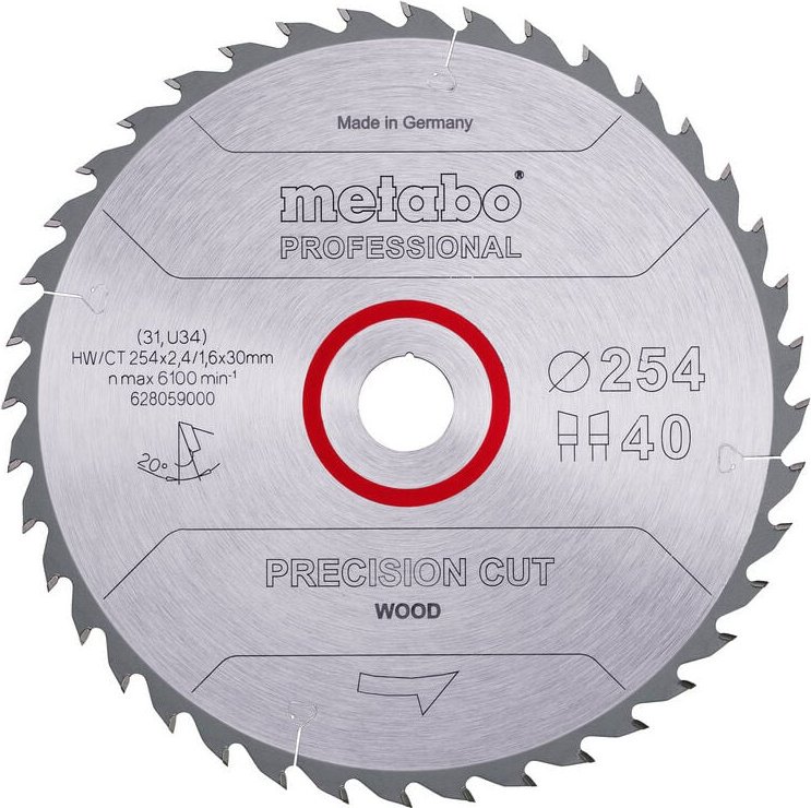 Sägeblatt 'precision cut wood - professional', 254x2,4/1,6x30, Z40 wz 20° - Metabo