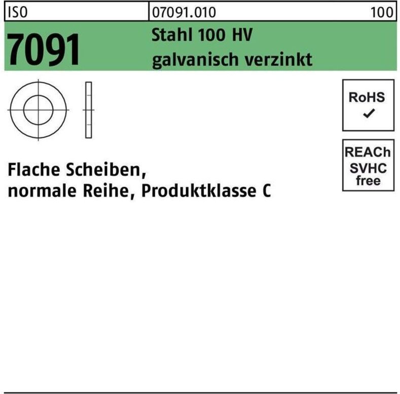 ISO 7091 Flache Scheibe Stahl 18mm galvanisch verzinkt ohne Fase 100 Stk