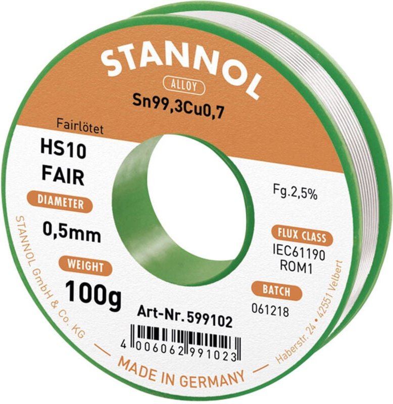 Stannol - HS10-Fair Lötzinn Spule Sn99,3Cu0,7 ROM1 100 g 0.5 mm
