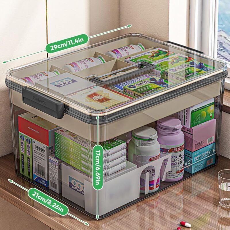 Doppelwandige Medikamentenbox aus Kunststoff, Erste-Hilfe-Set, große Medikamentenbox mit Tragegriff, grau, 29 x