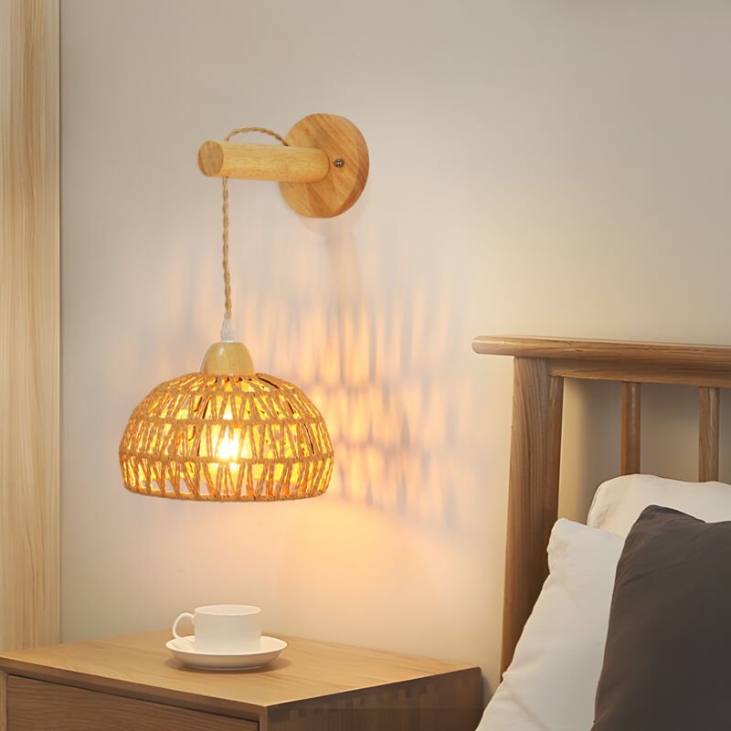 GOECO Wandleuchte aus Rattan und Holz, natürlicher Webschirm, warme Atmosphäre, E27-Fassung (Leuchtmittel nicht enthalte...
