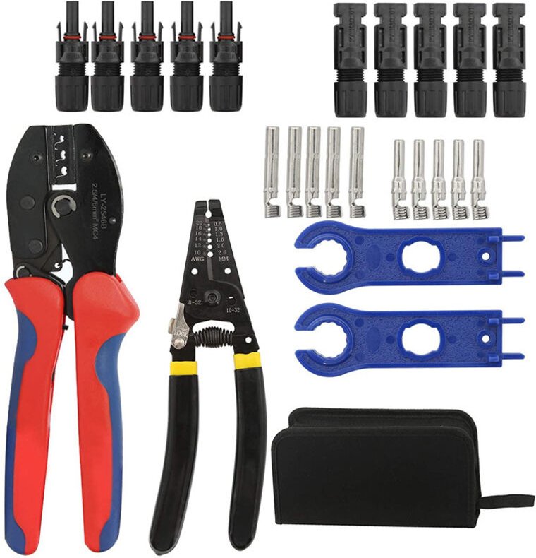 Set mit Crimpzange für Solarmodule (2,5/4/6 mm²) und 6 Paar Solarsteckern + Schraubenschlüssel + 1 Crimpzange AWG26-10 M...
