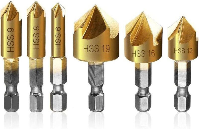 Thumbnail - Wandleuchte, Set mit 6 Sechskantbohrern für Holz, fünfschneidiges Anfasmesser, Sechskantgriff, titanbeschichtet