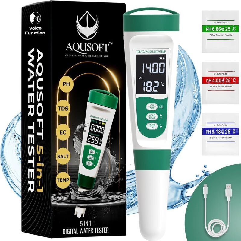 Digitales 5-in-1-pH-Meter mit Sprachfunktion pH-Wert, TDS, Leitfähigkeit, Salzgehalt und Temperatur Wiederaufladbarer Wa...