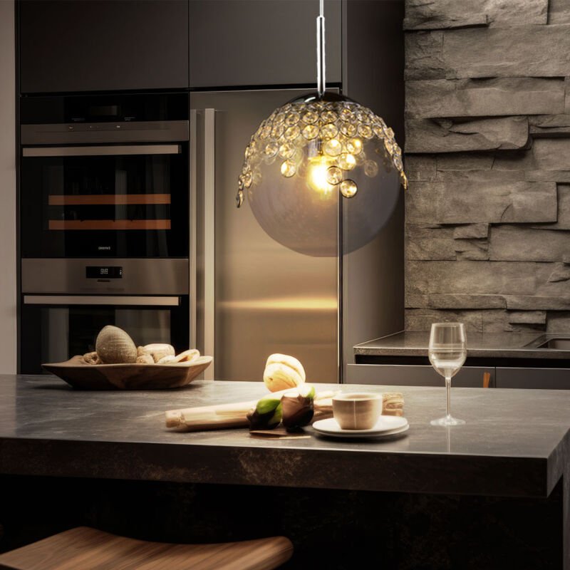 Pendelleuchte Hängelampe Kugelleuchte Innen Beleuchtung Gas klar, Metall, chrom, K Kristalle, 1x E27 Fassung, DxH 20x150...