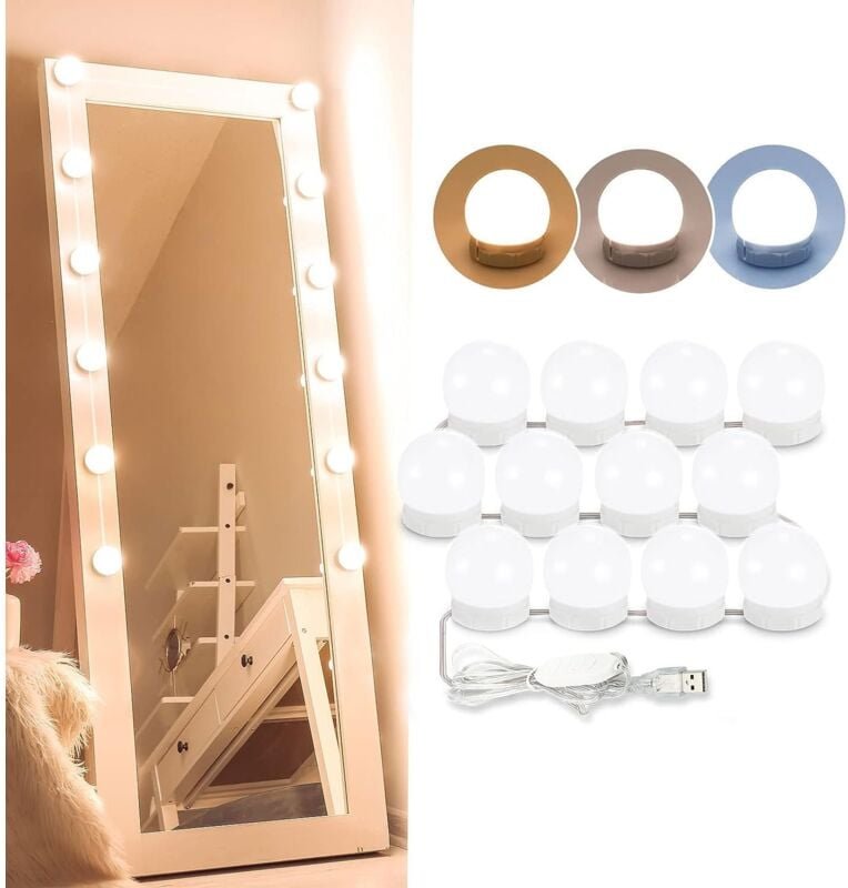 Thumbnail - Spiegelleuchte, 12 Hollywood-Glühbirnen, dimmbares LED-Licht-Set, Lampe für Badezimmer-Kosmetikspiegel, 3 Farben, 10 Hel...