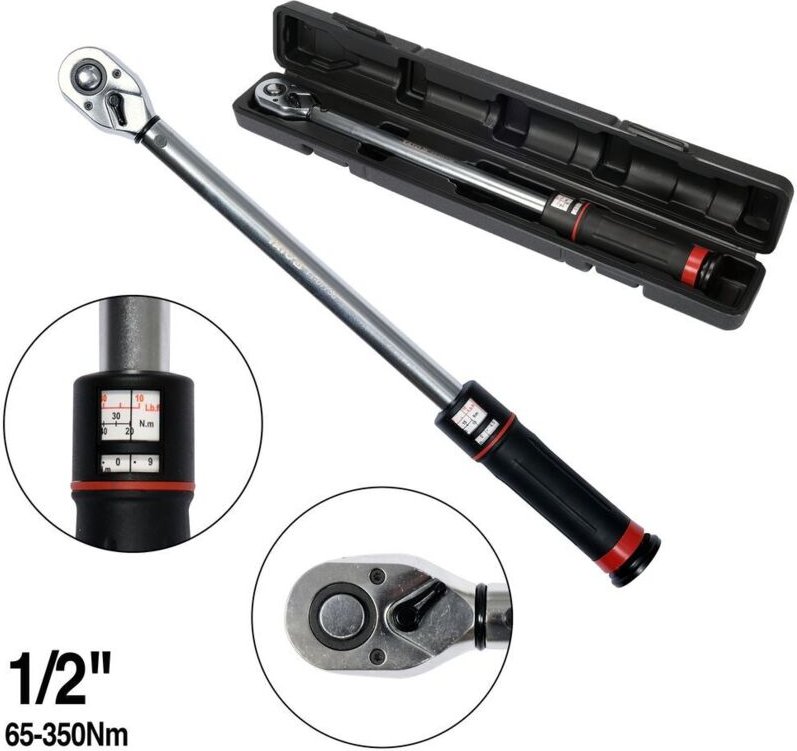 YATO Drehmomentschlüssel mit Sichtfenster, Umschaltknarre, kalibriert, 72 Zähne, 42CrMo +1/2" 65-350 Nm YT-07609