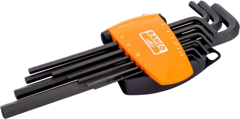 Bahco Satz langer, metrischer Sechskant-Winkelschraubendreher mit kompaktem Zwei-Komponenten-Halter - 9-tlg.