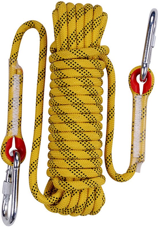 Outdoor Kletterseil Sicherheitsseil Durchmesser 10mm mit 2 Karabinern für Wanderung, Bergsteigen Feuerleiter - 30m Gelb