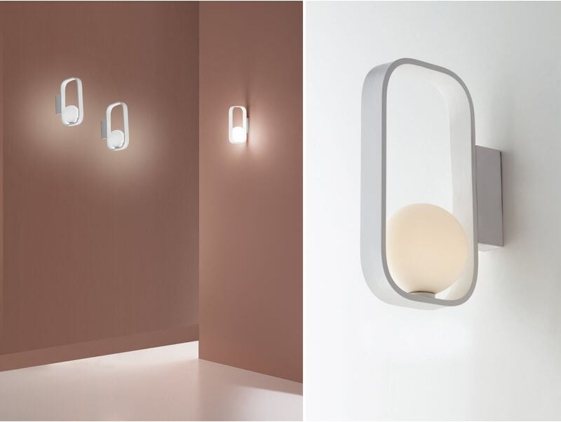 Minimalistische Wandleuchte roxy Weiß mit Opal Glaskugel, Höhe 24cm