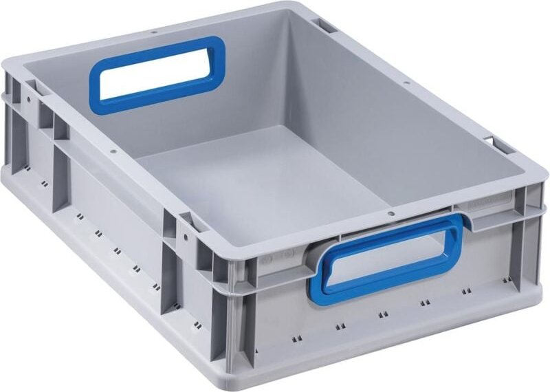 Thumbnail - Transportstapelbehälter L400xB300xH120mm grau pp offener Griff blau Seitenwände geschlossen