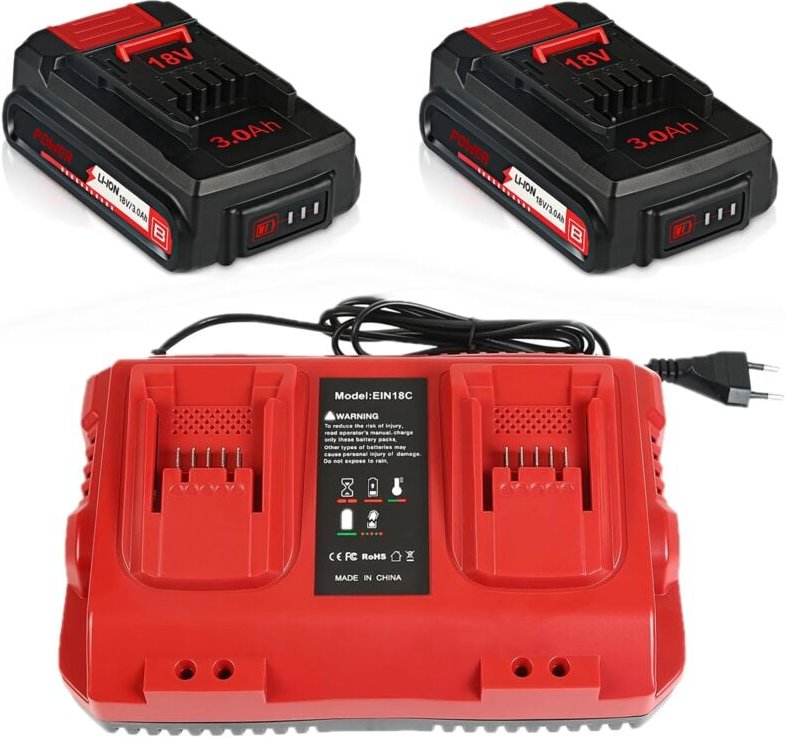 2 Stück 3,0 Ah Ersatzakkus und Ladegerät von Einhell für X-Change 18 v Akku 3,0 Ah mit intelligenter Kontrollleuchte und...