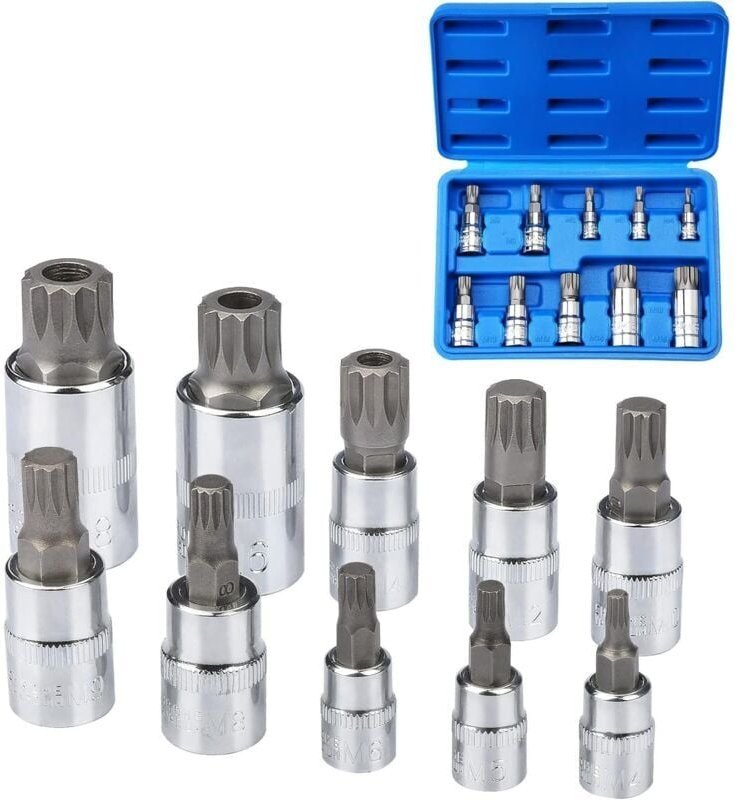 10-teiliges M4-M18 Torx-Spline-Bit-Steckschlüssel-Set – Dreifach-Vierkant-Bit-Steckschlüssel-Set mit Aufbewahrungskoffer