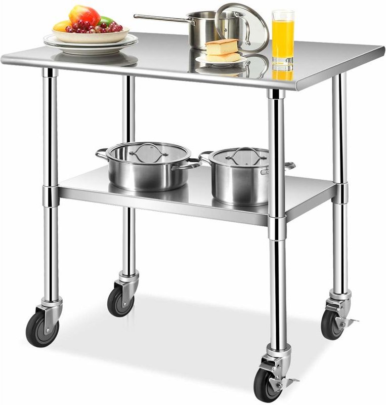 Arbeitstisch Edelstahl, Edelstahltisch mit Hoehenverstellbarer Ablage, Kuechentisch mit 4 Universalraeder 91,5 x 61 x 88...