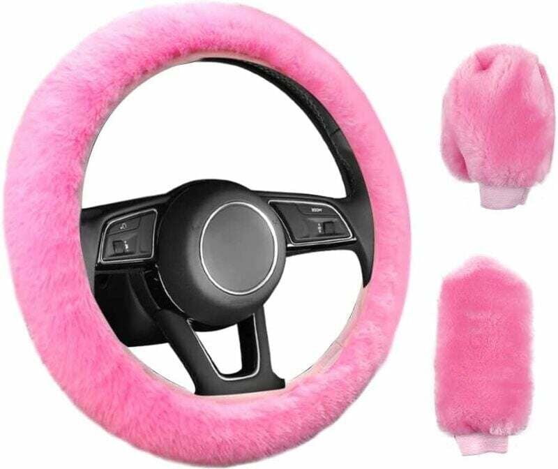 ZVD-3-teiliger Auto-Lenkradbezug, rutschfest, elastisch, rosa Plüsch, universeller Auto-Lenkradbezug mit Handbremse und ...