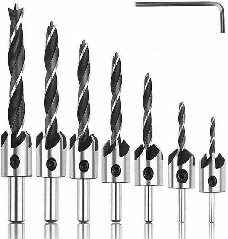 Set mit 8 Holzbohrern, HSS-Senker, Schnellbohrer mit Innensechskantschlüssel, Anfaswerkzeug zum Aufweiten von Löchern (3...