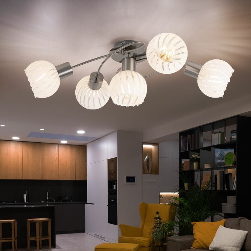 Thumbnail - Deckenlampe Deckenleuchte Spotlampe Spotleuchte Wohnzimmerlampe, 5 Flammig Glas weiß klar Metall nickel, E27 Fassungen, ...